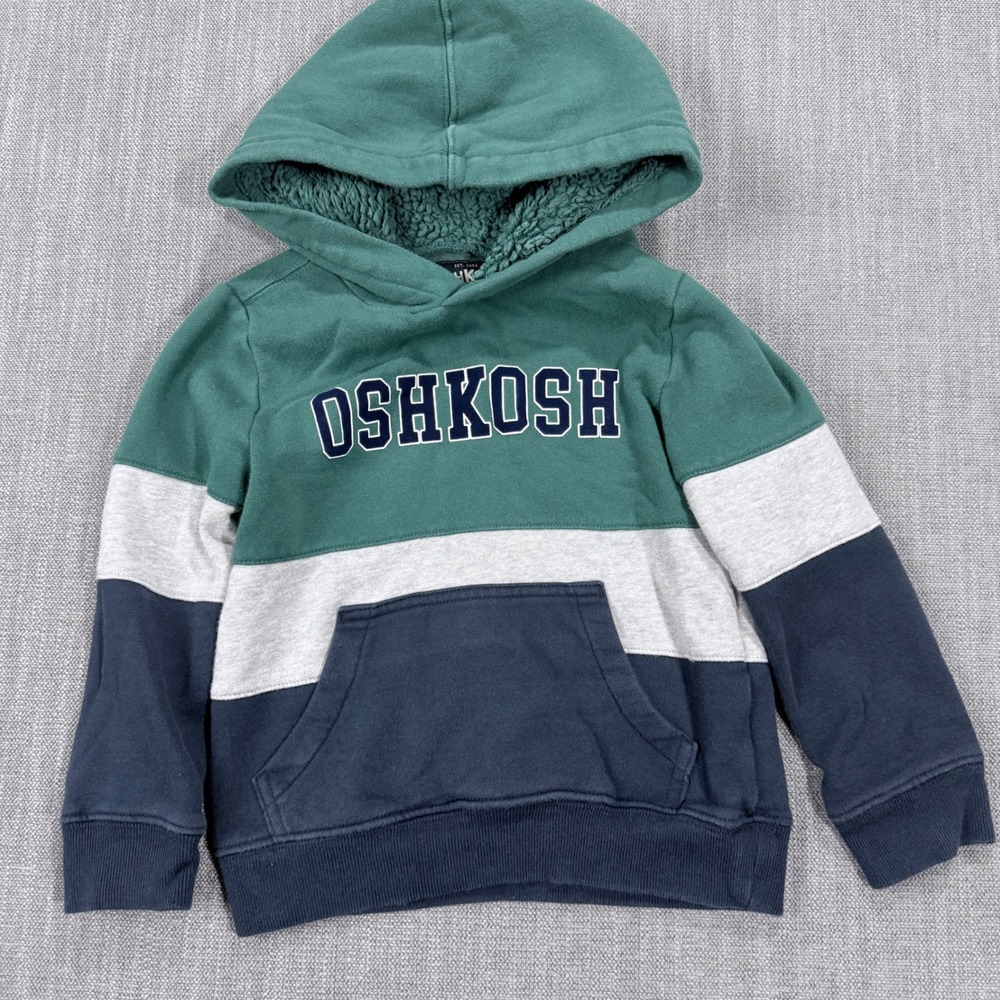 OshKosh B'gosh Boys Green Grey Navy Colorblock Sherpa Lined Hoodie Size 5